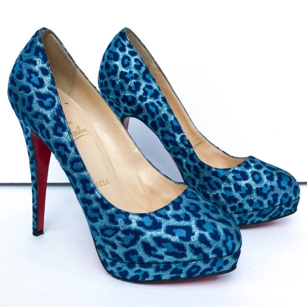 Christian Louboutin Bianca Platform Pumps in Sparkly Blue Leopard Print - Sz 39
